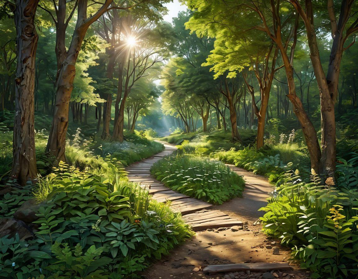 A serene forest pathway symbolizing the journey of recovery, lined with diverse flora representing different treatment options. Sunlight filters through the trees, creating a warm, inviting atmosphere and illuminating hidden resources along the path. Gentle stream flowing beside the path, suggesting tranquility and hope. People of various backgrounds walking together, showcasing community support. vibrant colors. super-realistic.