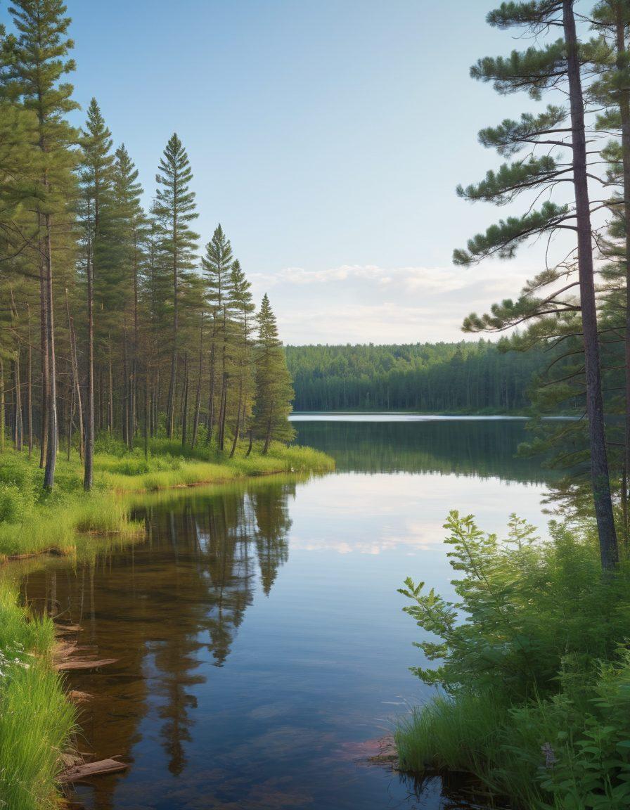 A serene Northern Minnesota landscape with a calm lake surrounded by lush pine trees, symbolizing hope and healing. Include subtle visual elements representing cancer awareness, like a ribbon intertwined with nature, and a supportive community gathering in a warm, inviting atmosphere. Emphasize soft blue and green tones to evoke tranquility and resilience. super-realistic. vibrant colors. natural background.